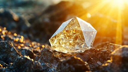 clear transparent crystal with bright sunlight in nature rock ground