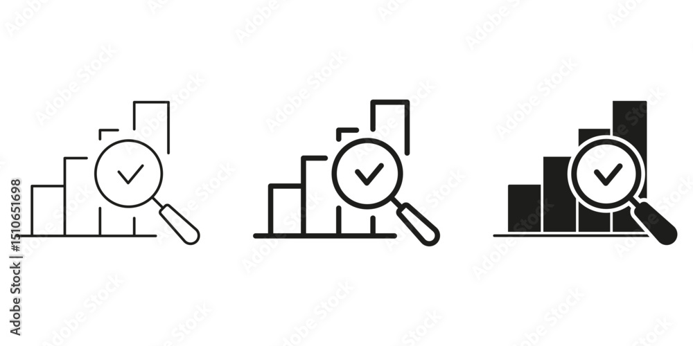 Poster bar chart with magnifying glass and checkmark line and solid icon set. data analysis, performance. b