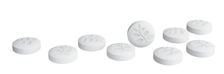 Biologically active supplement pills. Round white tablets with imprint isolated on transparent background. 3d illustration