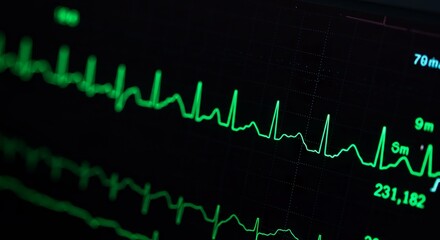 Heartbeat monitor display showing ECG readings in green color