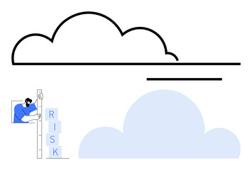Man stacking blocks labeled risk, conceptually aligned with cloud technology. Ideal for risk analysis, strategic planning, cloud technology, cybersecurity, innovation, problem-solving, and simple