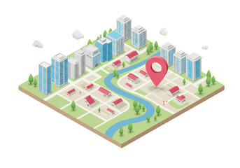 Isolated Isometric City Map with Buildings River and Location Pin