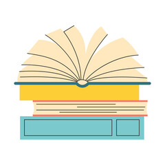Open book with side view lying on a stack of books. pages in motion. Vector illustration in minimalistic style on white background.