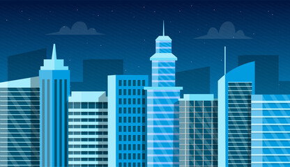 Naklejka premium Night cityscape background. Modern city buildings at night. Flat urban landscape with office buildings. Vector stock