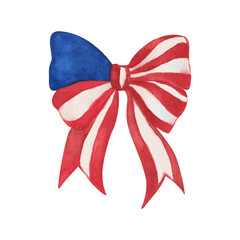 Blue and red ribbon bow tie with stripes. Hand drawn watercolor on white background