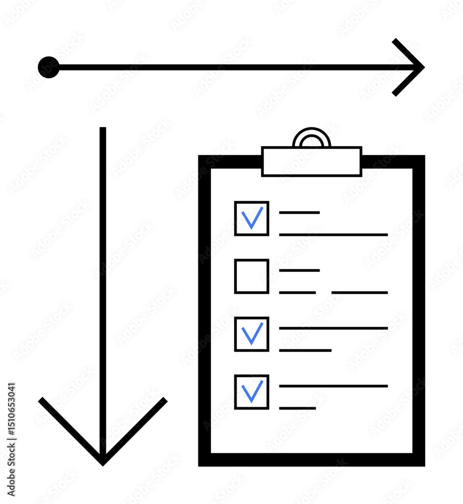 Poster clipboard with checkmarks and empty boxes, horizontal and vertical arrows. ideal for planning, workf
