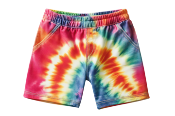 Bright colorful tie dye shorts with elastic waistband for casual summer wear and vibrant fashion statement in playful multicolor design