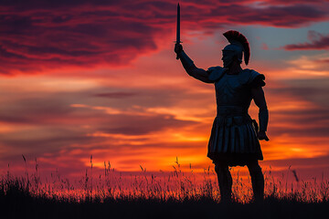 Silhouette of a Roman gladiator raising a sword