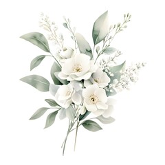 Fototapeta premium Watercolor white peonies, roses, and eucalyptus floral bouquet illustration clipart on a pure, clean background with no shadows or gray stroke lines. White flowers, green leaves, 