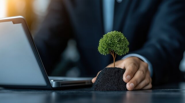 Corporate auditor reviews digital sustainability reports in eco-friendly workspace focusing on green practices and ESG compliance