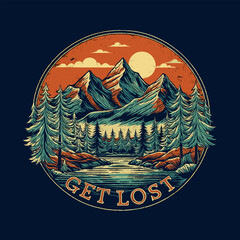 Mountain forest and river logo vintage