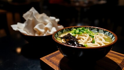 Authentic Japanese udon noodles in clear broth with scallions and wakame seaweed, placed on lacquered tray, side profile shot, moody restaurant lighting without any people