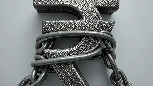 Rupee symbol chained tightly, illustrating economic pressure and fiscal limitations