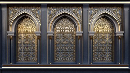 Obraz premium Ornate arched windows with intricate gold detailing on a dark gray facade.