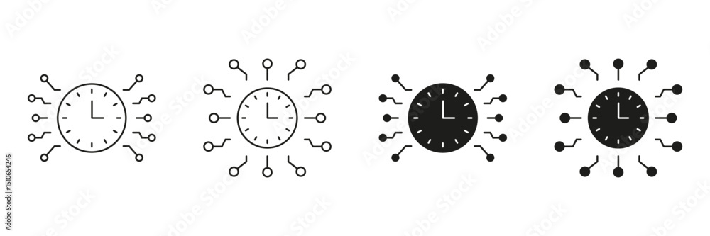 Aufkleber clock with circuit lines line and solid icon set. time management and digital connectivity symbol co