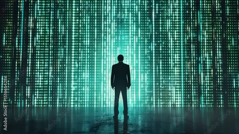 Poster silhouette of a man in front of a digital matrix, futuristic tech concept
