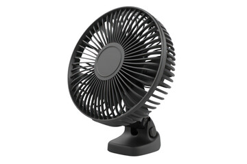 Compact portable black oscillating personal desk fan with adjustable tilt for cooling and air circulation in office or home environments