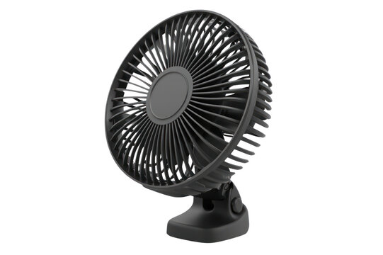 Compact portable black oscillating personal desk fan with adjustable tilt for cooling and air circulation in office or home environments