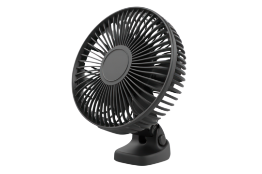 Compact portable black oscillating personal desk fan with adjustable tilt for cooling and air circulation in office or home environments