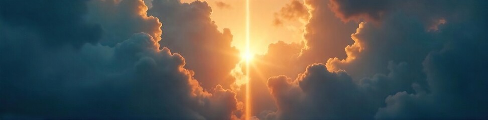 A single, ethereal light breaks through dark clouds, symbolizing hope and spiritual release Perfect for concepts of faith, redemption, and overcoming adversity , redemption, beam
