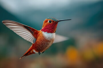 Close-up of a hummingbird in motion, wings blurred from rapid flapping.