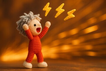 crochet doll with hands raised high and mouth open, surrounded by soft yarn lightning bolts above its head, representing excitement