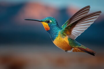 Close-up of a hummingbird in motion, wings blurred from rapid flapping.