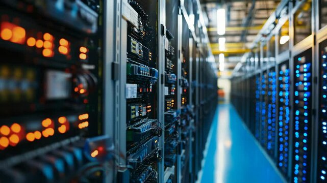  server room full of server racks  with neon light, futuristic theme 