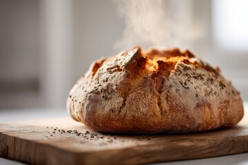 Close-up photo of freshly baked 100% vegan bread, golden crust, steam rising, rough cracked surface showing crunchy texture.