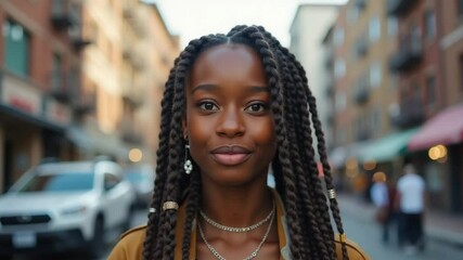 Confident Young Black Woman Smiling on Urban Street