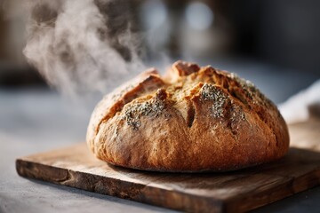 Close-up photo of freshly baked 100% vegan bread, golden crust, steam rising, rough cracked surface showing crunchy texture.