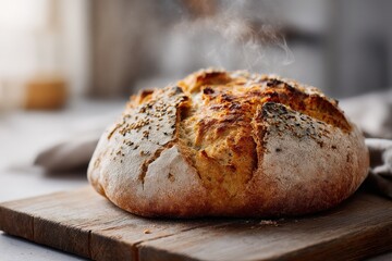 Close-up photo of freshly baked 100% vegan bread, golden crust, steam rising, rough cracked surface showing crunchy texture.