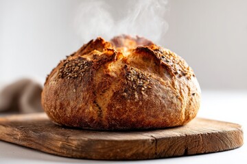Close-up photo of freshly baked 100% vegan bread, golden crust, steam rising, rough cracked surface showing crunchy texture.