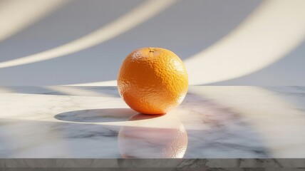 A single fresh orange fruit perfectly lit on a marble surface with elegant shadows