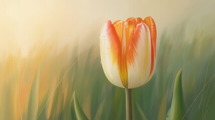 A single delicate tulip blooming in a softly lit grassy field springtime beauty