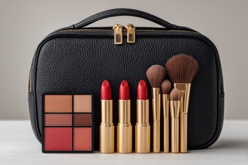 Beauty parlour makeup set, featuring a black leather carrying case with a top handle and gold zippers.