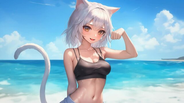 Anime girl with cat ears flexing muscle on beach demonstrating strength and summer lifestyle