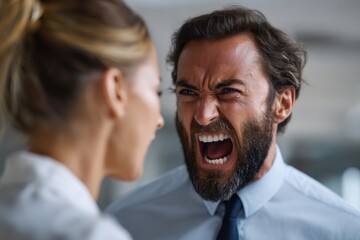 Boss shouting at frustrated worker, bullying and emotional abuse at work. Stressful work environment.