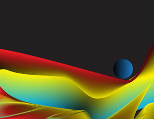 Abstract illustration with dark background and brightly colored wavy shapes. Gradients of yellow, red, and blue form a wave-like flow or flowing fabric