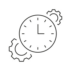 Clock With Gears Line Icon. Time Management, Efficiency, And Productivity Optimization Outline Symbol. Workflow Automation And Process Improvement. Editable Stroke. Isolated Vector Illustration