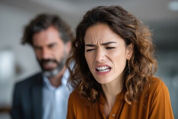Boss shouting at frustrated worker, bullying and emotional abuse at work. Stressful work environment.