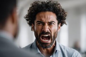 Boss shouting at frustrated worker, bullying and emotional abuse at work. Stressful work environment.