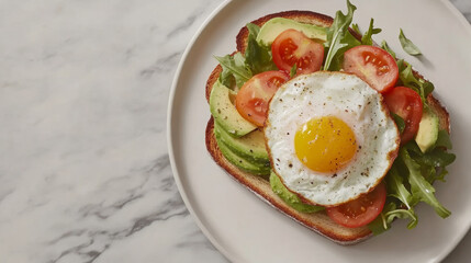 Avocado toast with poached egg, tomatoes, and arugula on plate