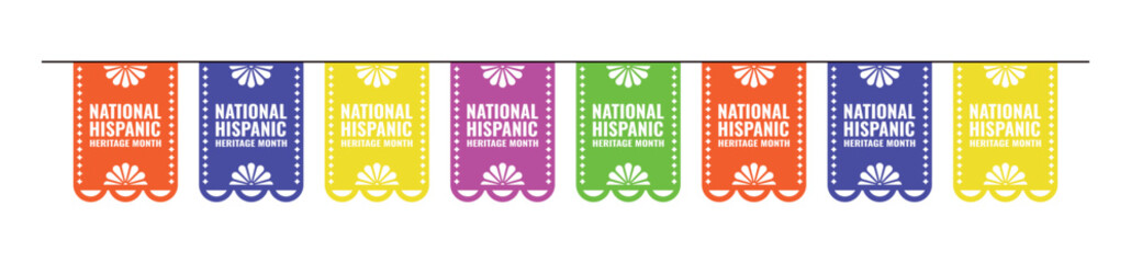 National Hispanic Heritage Month. Festive colorful garland of papel picado with text on each flag. Isolated vector illustration.