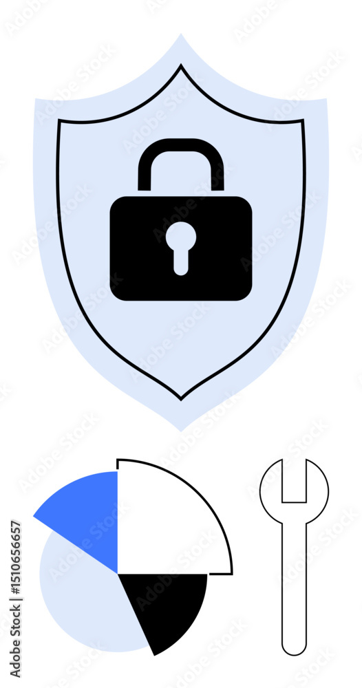 Poster lock on shield symbolizes security, next to a pie chart for analysis and a wrench for tools and repa