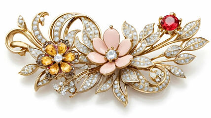 Fototapeta premium intricate kanzashi hair ornament with vintage floral elegance and gemstone accents, isolated on transparent background 