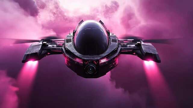 sci-fi fantasy black futuristic spaceship take flight in thick pink cloud 