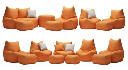 collection of modern orange bean bag chairs - comfortable seating isolated on transparent background