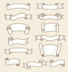 Set of vintage decorative ribbons and banners on beige background