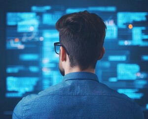 Startup founder surrounded by floating business terms, abstract visualization of focus